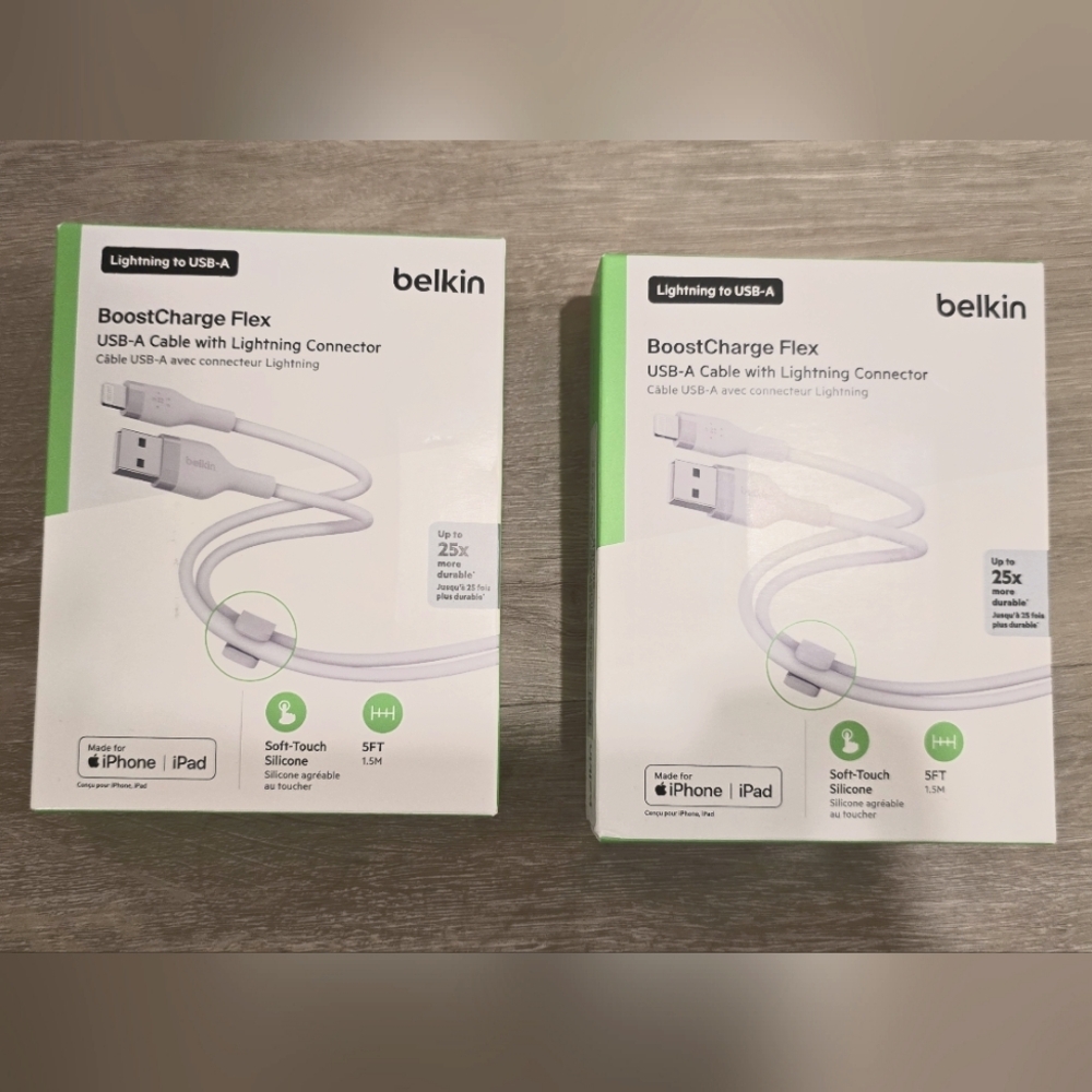 Two Belkin BoostCharge Flex USB-A Lightning Connector 5' Cable + Clip (2) NEW!